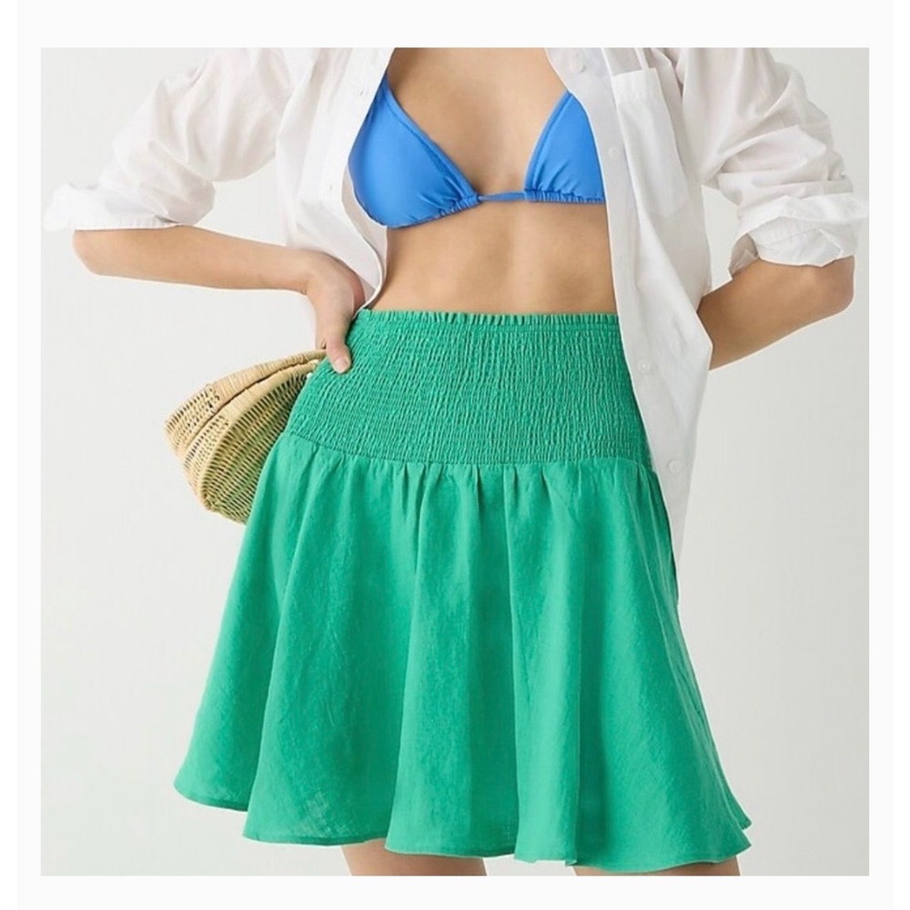 J.Crew Green Smocked Linen Mini Skirt Lined Tall Size LT Coastal Summer Stretch